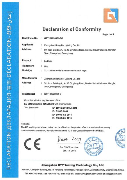 China Zhongshan Rong Fei Lighting Co., Ltd certificaciones