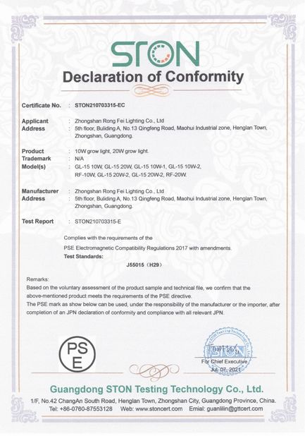 China Zhongshan Rong Fei Lighting Co., Ltd certificaciones
